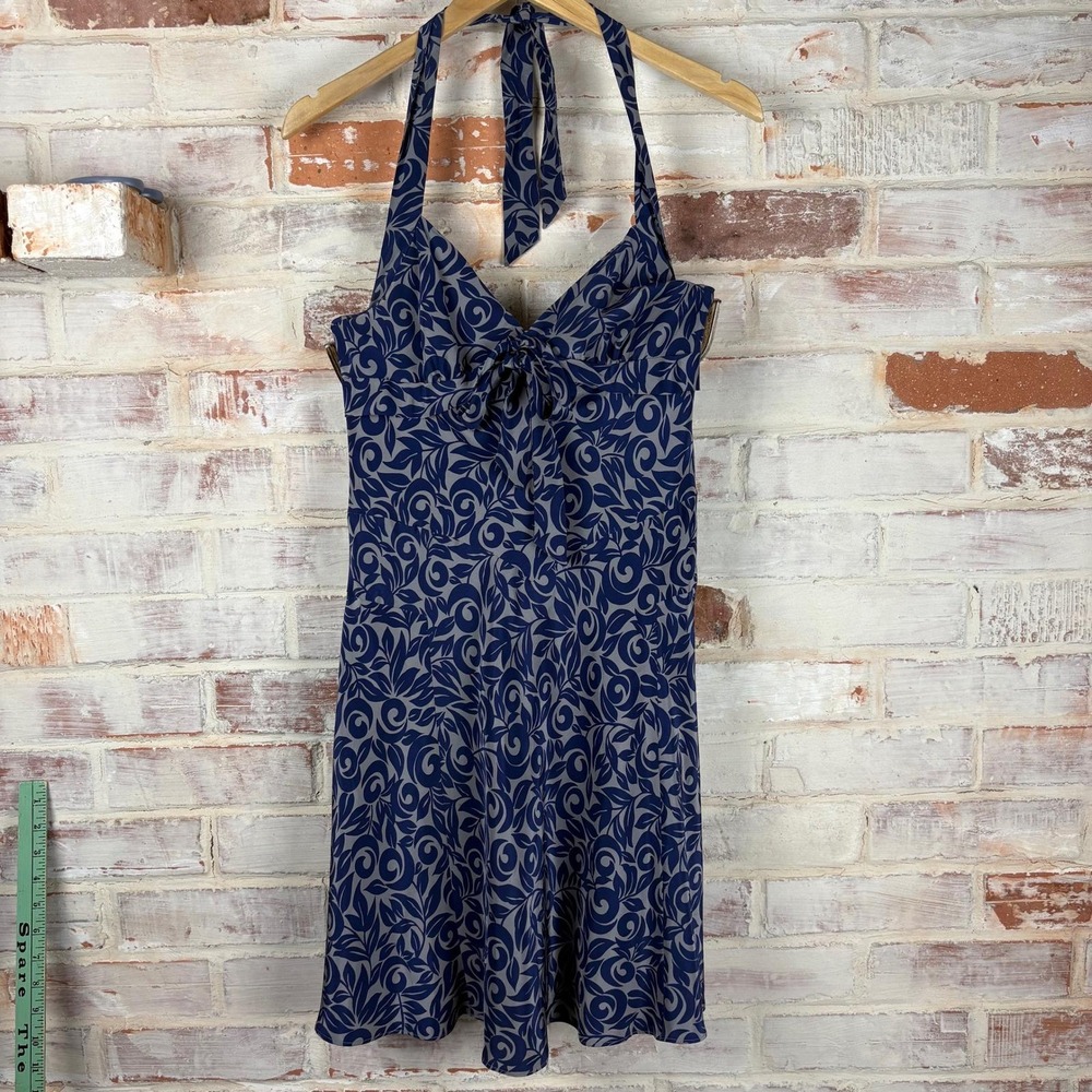 BCBG Max Azria Collection 100% Silk Halter Dress Size 8 Navy Gray Botanical Boho